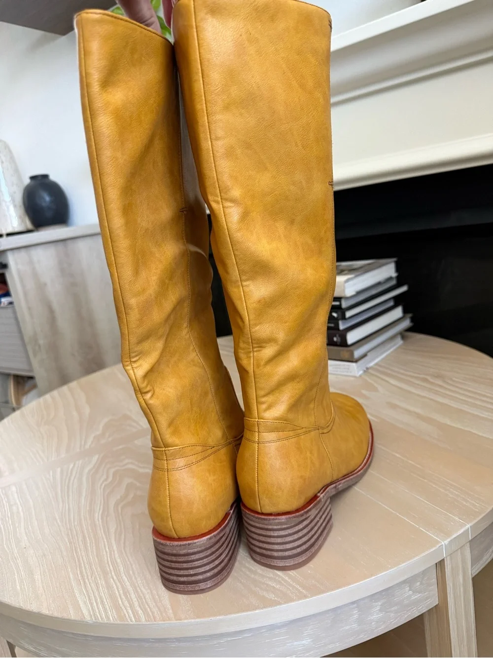 Boutique|Women's Tall  faux Leather Boots in Tan Mustard,stacked heel,size 12•••